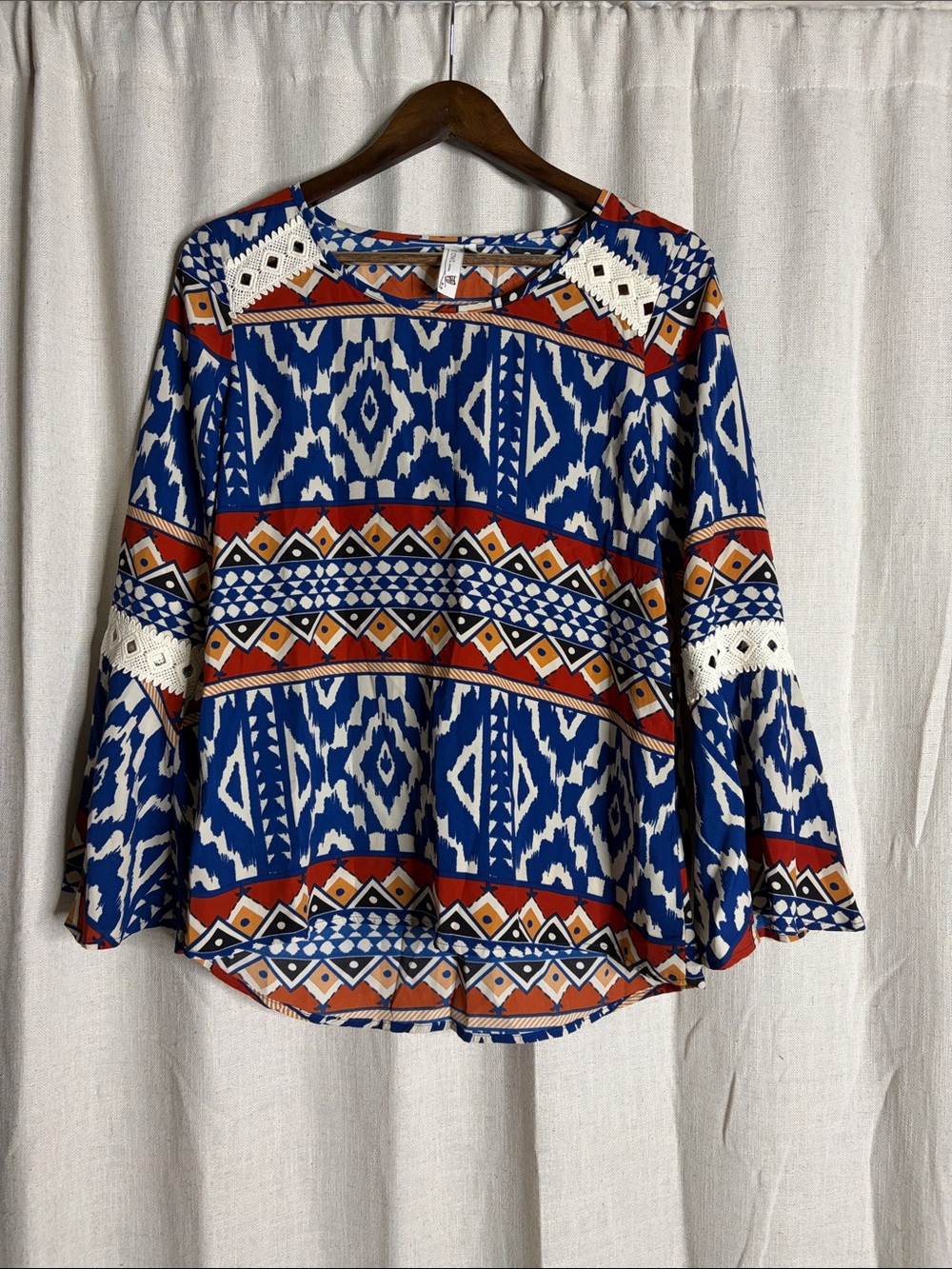 Pink Owl Blue and Orange Geometric Crochet-Trim Tunic